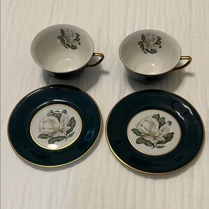 Vintage Arcadian Windsor Magnilia Teacup and Saucer Set - Green and Gold